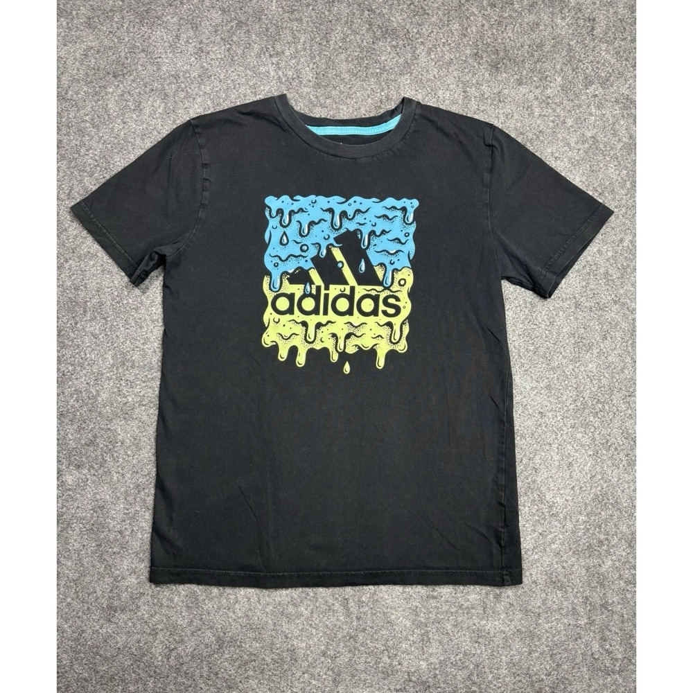 Adidas Boys Graphic Logo T-Shirt Black Blue Yellow Size Medium 10/12 Cotton